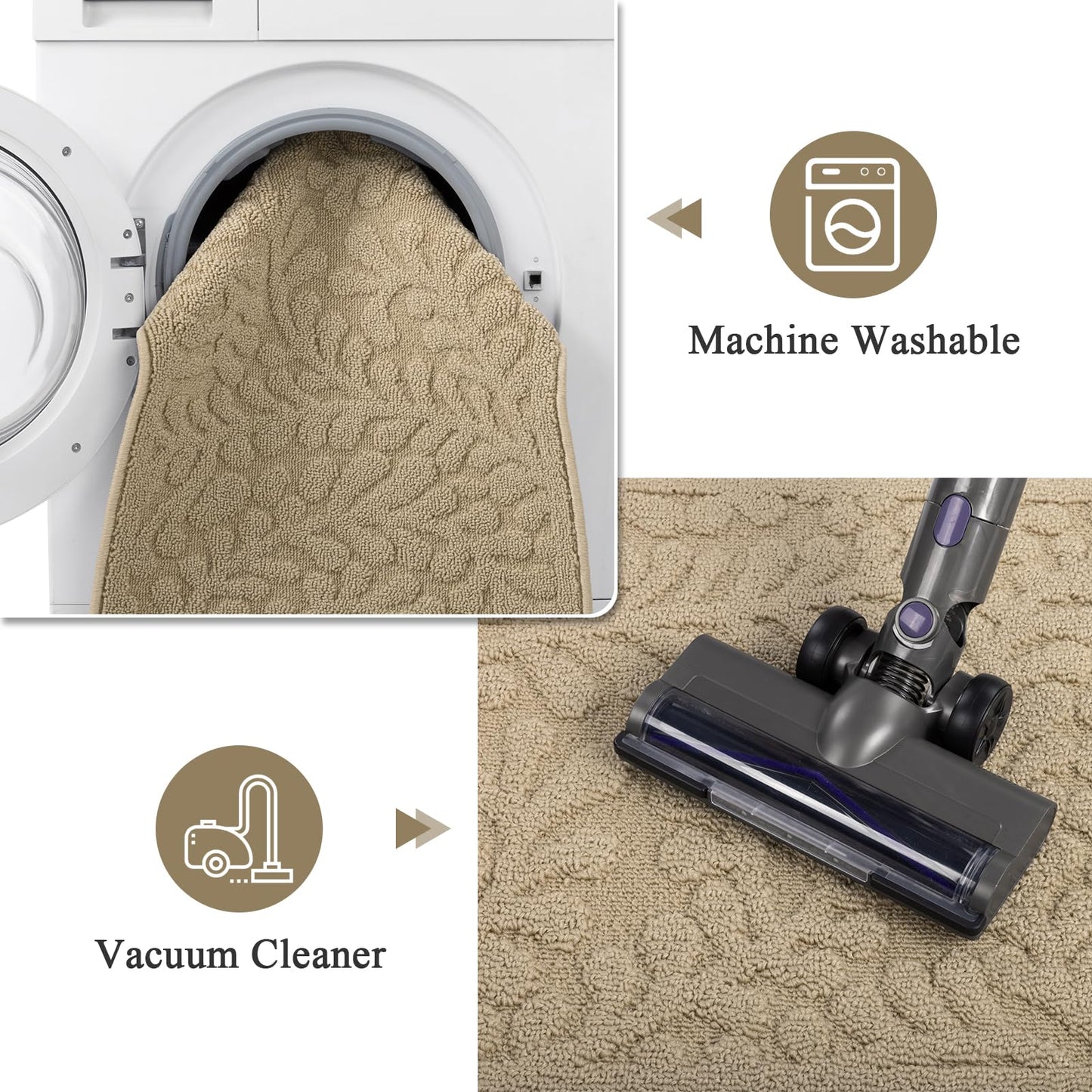 SHACOS Kitchen Rugs Sets of 3 Non Slip Washable Polypropylene Low Pile Absorbent Resist Dirt Kitchen Floor Mat 3 Piece for Entryway, Hallway, Front of Sink (17"x30"+17"x47"+17"x59", Leaves Beige)