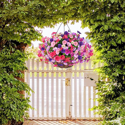 7 Color Mix Artificial Hanging Flowers for outdoor, 8 Pcs Fake Silk Petunias Plants Arrangement, for Spring Summer Outdoor Decoration, UV Resistant, Morning Glorias,for Home Garden Decor (PinkPurple)