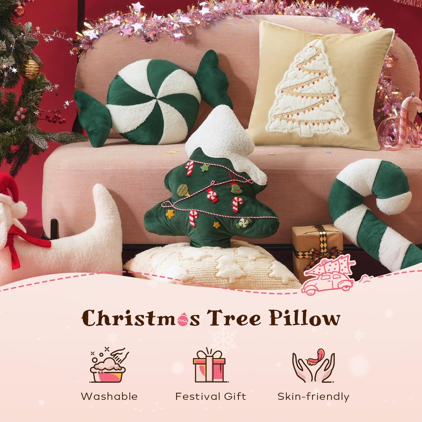 Ashler Merry Christmas Tree Shaped Pillow, Pine Tree Christmas Throw Pillow, White Teddy & Soft Velvet Xmas Decorative with Cute Embroidery, for Couch, Bedroom, Living Room, Green, 19x17 inches
