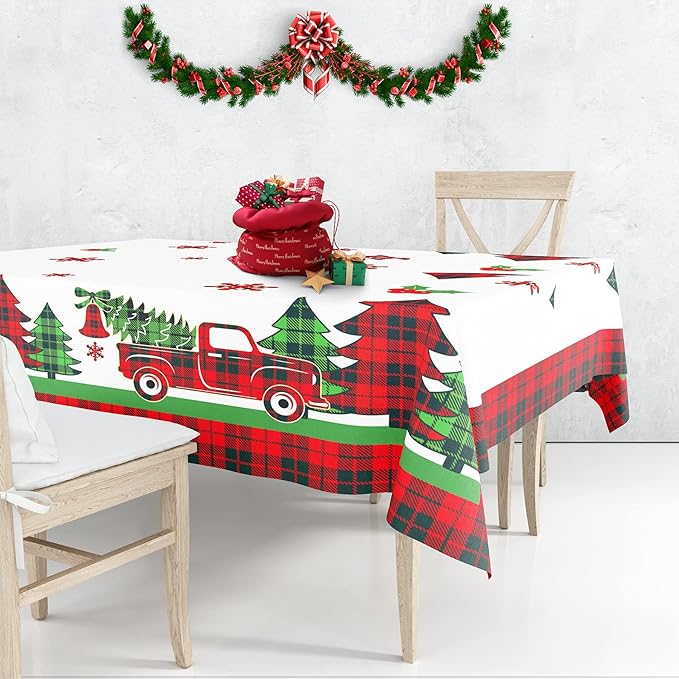 pinkblume 4.3x9Ft Christmas Tablecloth Rectangle Buffalo Plaid Xmas Tree Red Truck Joy Merry Christmas Sign Reindeer Snowflake Holly Berry Dining Table Cover for Holiday New Year Kitchen Decorations