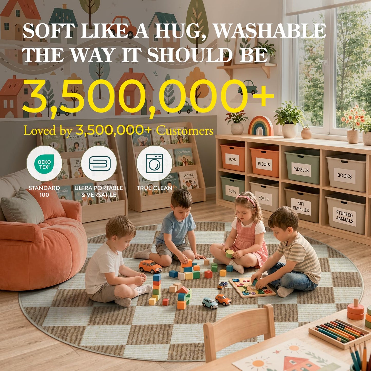 LIVEBOX Checkered Round Rug 6 Ft Washable Area Rug for Playroom Classroom, Kids Non-Slip Neutral Classic Circle Rug Geometric Large Carpet Soft Boys Nursery Rug for Dorm Bedroom(Brown,180R)
