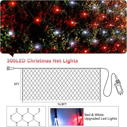 LitHome 14.8FT x 5FT Christmas Net Lights Outdoor, 300 LED Red White Bush Lights with 8 Modes, Connectable Waterproof Net Mesh Light Dark Green Wire for Bushes Shrubs Outdoor Christmas Holiday Decor