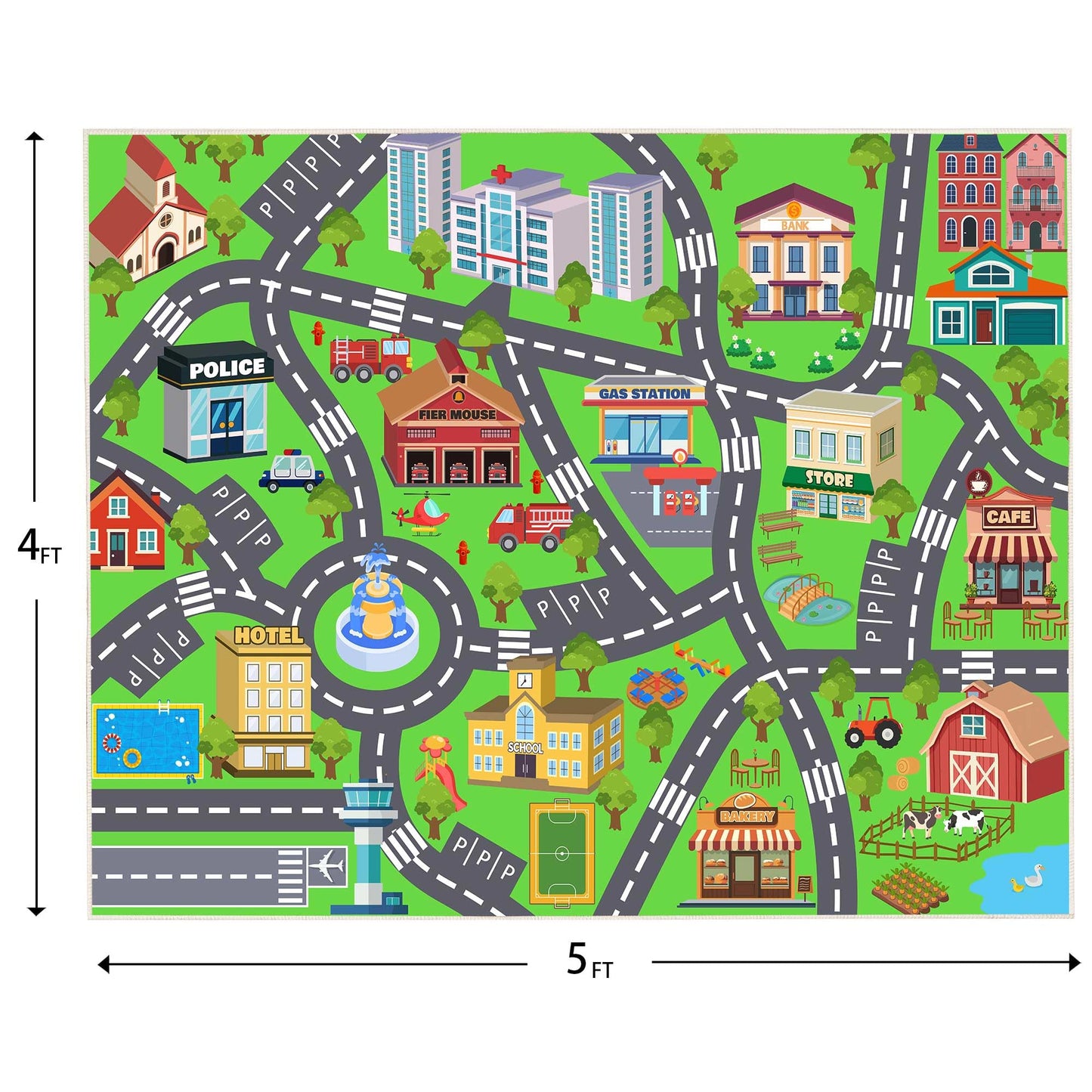 Kids Room Rug - Soft & Non-Slip 4x5 Ft Town Car Rugs City Map Play Mat, Childrens Road Carpet Washable Playmat for Classroom Nursery Bedroom Boys