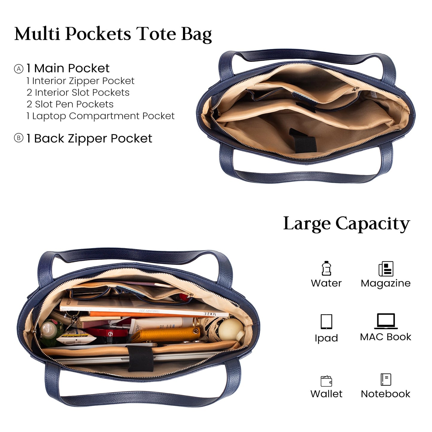 befen Soft Real Leather Tote Bag for Women, Ladies Leather Shoulder Bags Purse Satchel Handbag with Top Handles for Work Navy Blue