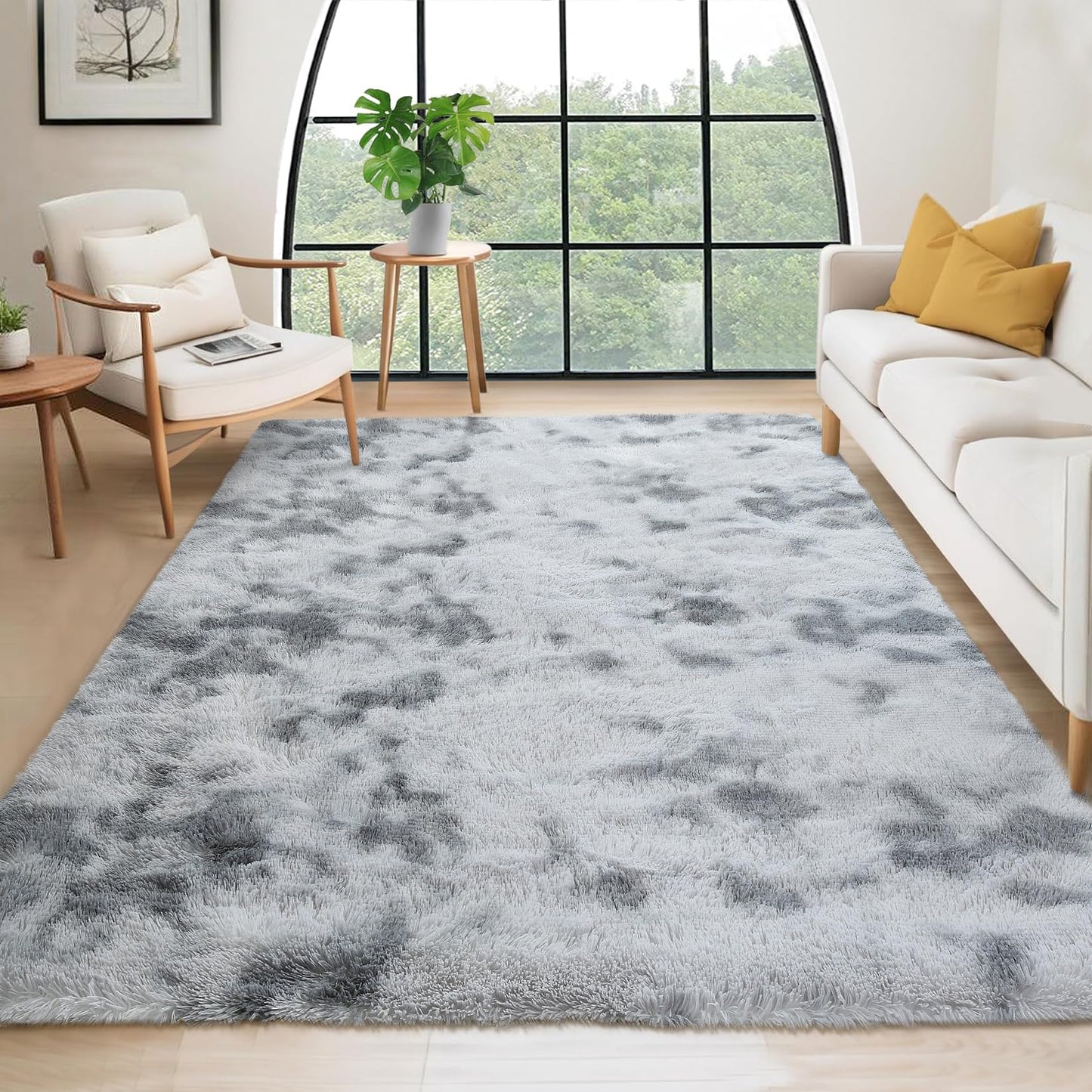 Garvee 8'x10' Oversized Fluffy Area Rug, Tie-Dye Luxury Shag Carpet for Living Room, Large Fuzzy Plush Rug for Basement & Family Room, Non-Slip, Bedroom Decor, Tie-Dyed Light Grey
