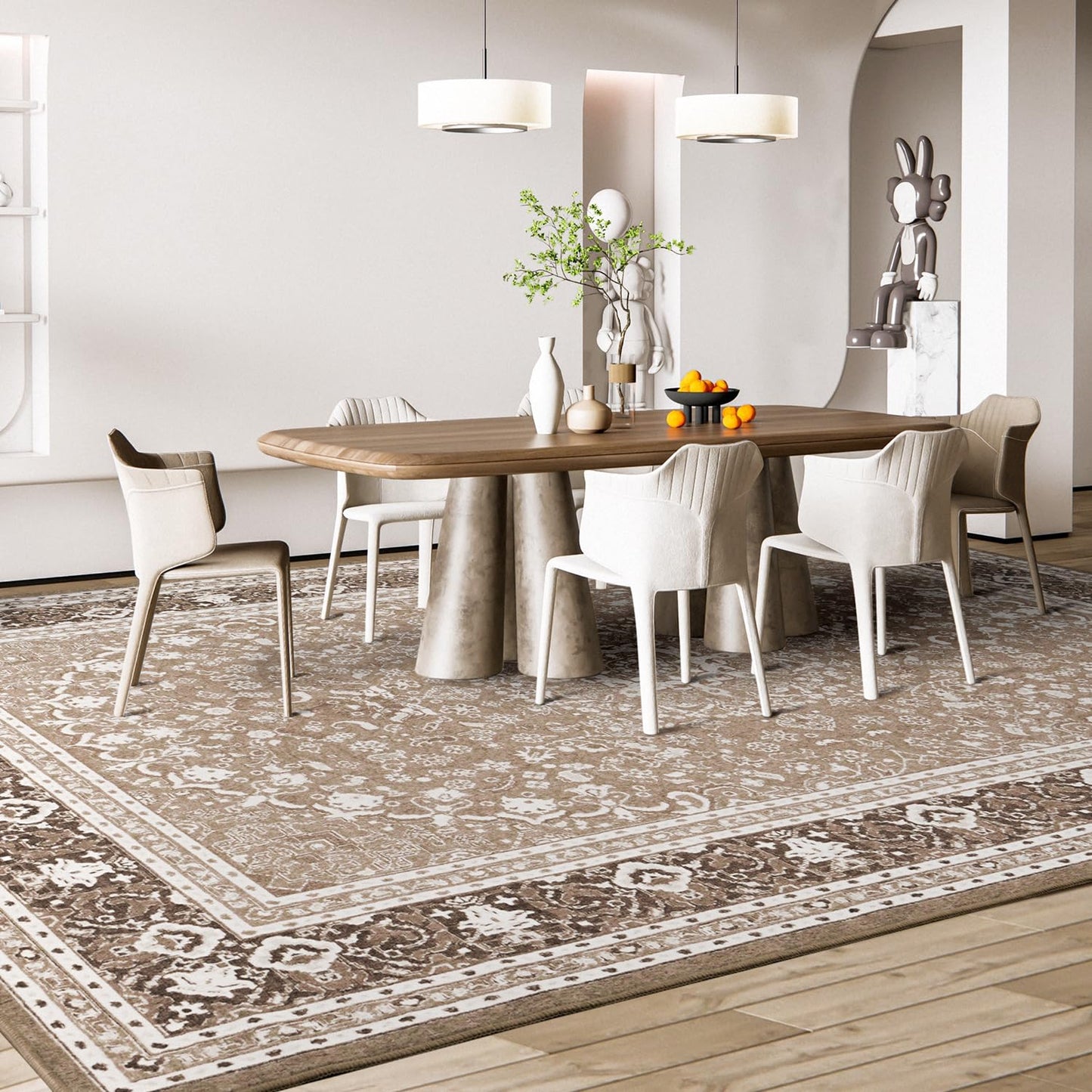 Lessymo 5x7 Area Rugs 5x7, Machine Washable Area Rugs, Super Soft Faux-Wool Area Rug for Living Room Bedroom, Boho Area Rug Vintage Floral Medallion, Non-Slip Low Pile, Kid & Pet Friendly,Brown White