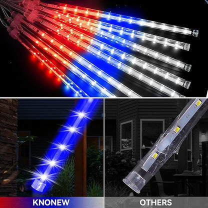 KNONEW 40 Tube 1120 LED Red White and Blue Lights 4th of July Decorations, Plug in Meteor Shower Lights Waterproof Outdoor Light for Independence Day House Tree Party Decor