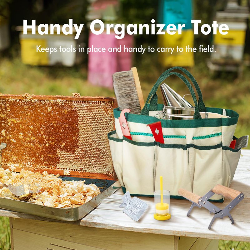 BeeCastle 9 Pcs Beekeeping Tools Kit with Organizer Tote for Beekeepers, Necessary Beekeeping Supplies Bee Keeping Starter Kit Includes Bee Smoker Kit and Beehive Tools