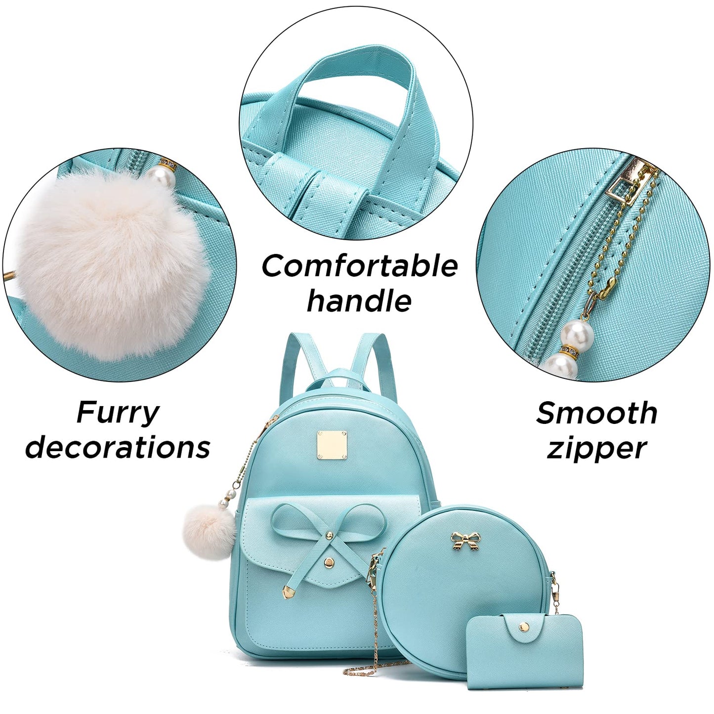 I IHAYNER Girls Bowknot 3-Pieces Fahsion Leather Backpack Backpack Purse for Women Rucksack for Ladies Shoulder Bag Pearl Blue
