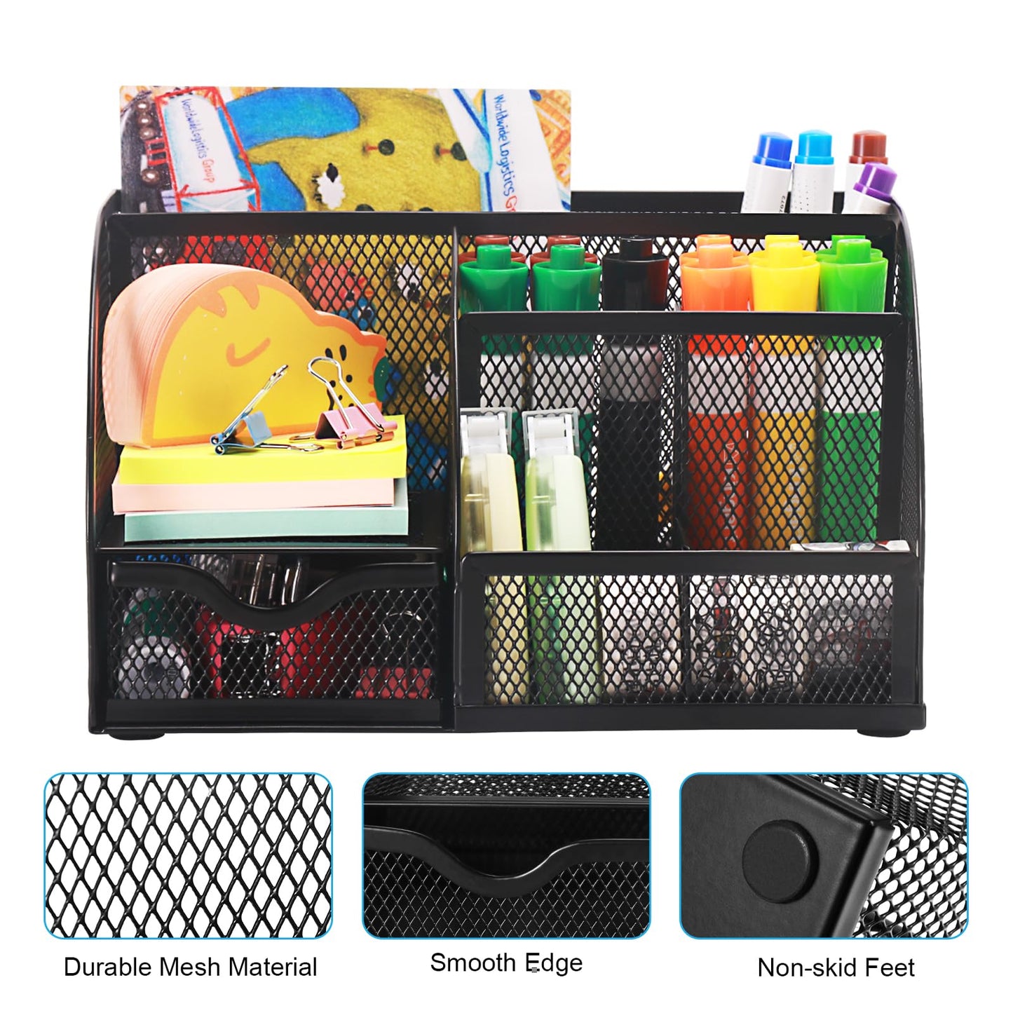 Comix Mesh Pen Pencil Holder Desk Organizer, 7 Compartment Wire Desktop Pen Pencil Cup Caddy Office Supplies for Home Office School, Black