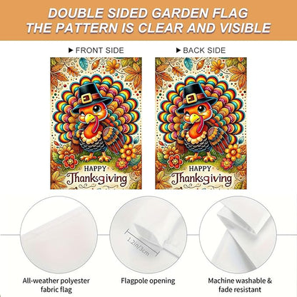 Thanksgiving Garden Flag Cute Turkey Pilgrim Hat 12x18 Inch Seasonals Outdoor Yard Banner Double Sided Fall Autumns Flags Decor For Girls or boys gifts Decrations Flags