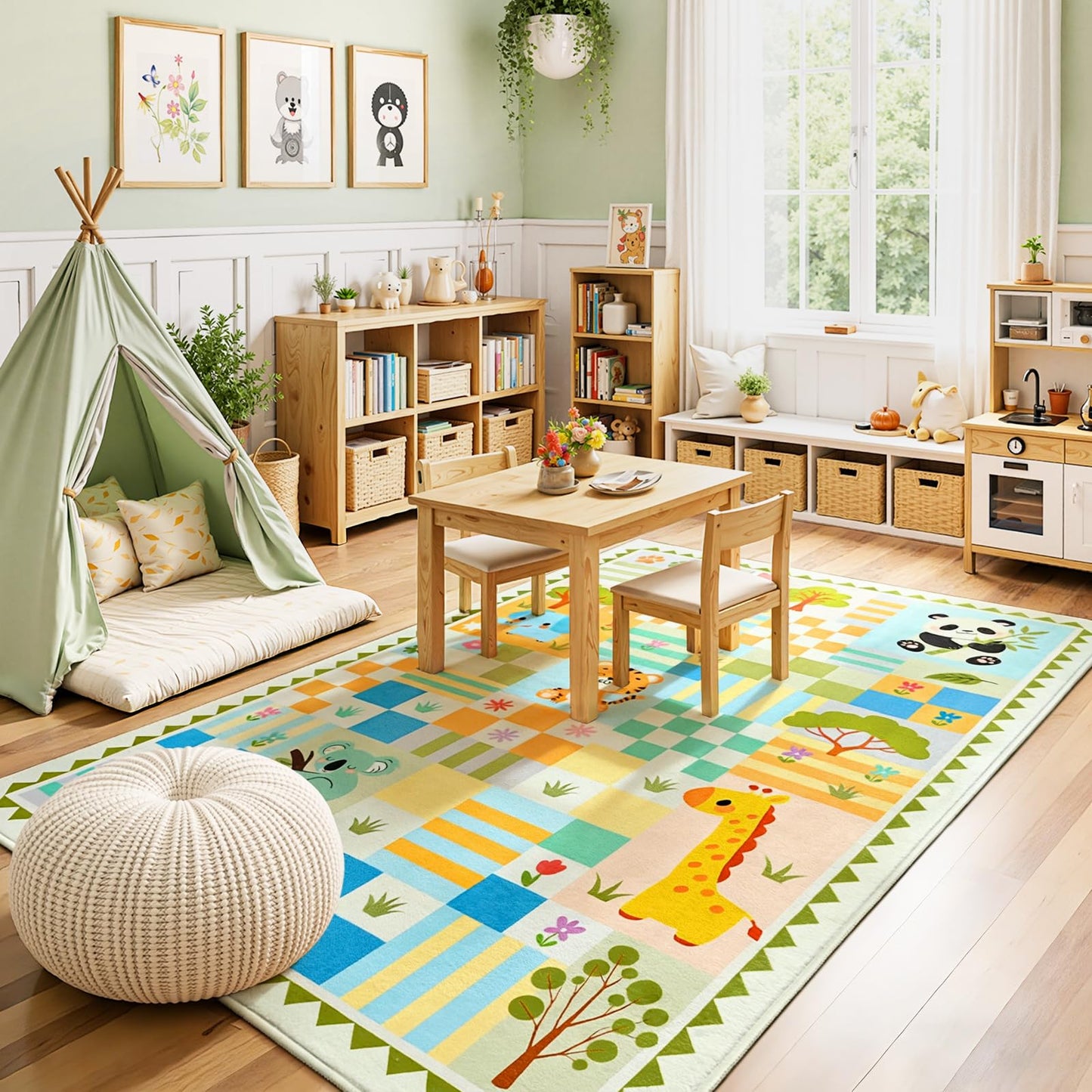 3x4 Washable Kid Playroom Rug, Unisex Green Safari Jungle Woodland Animal Toddler Carpet, Soft Non-Slip Baby Nursery Area Rug with Cute Colorful Checkered Design for Boy Bedroom
