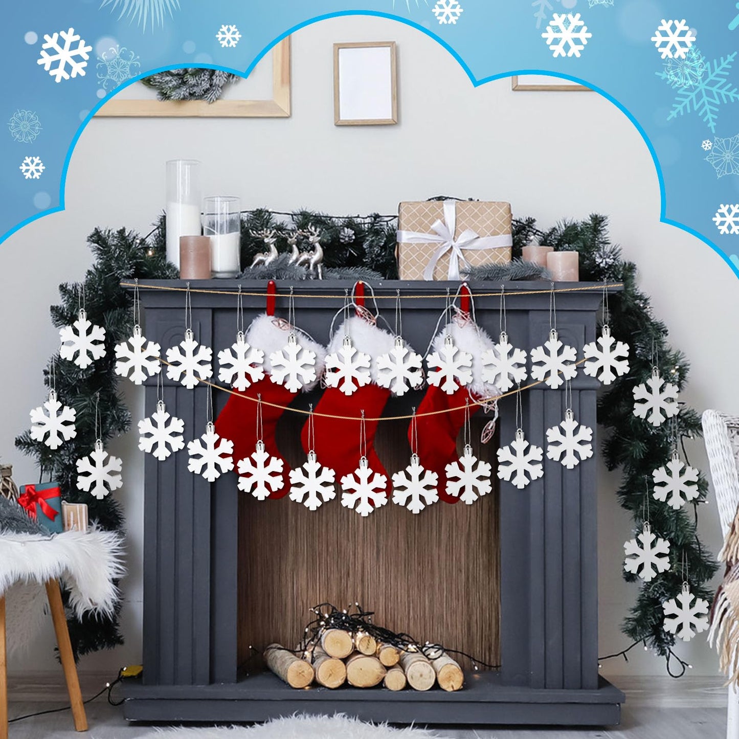 Lunmon 12 Pcs Snowflake Ornaments Christmas 3D Winter Snowflake Hanging Decorations 2.4 Inch Plastic Farmhouse White Snow Flake Ornaments with Rope for Home Xmas Tree Party Decor