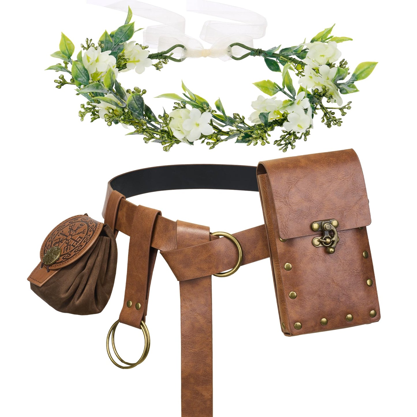YESSA Renaissance Accessories,Medieval Viking Leather Belt Pouch Coin Purse,Ren Faire Headpiece Phone Holder Waist Bag Halloween Cosplay Pirate Costumes Set,Brown