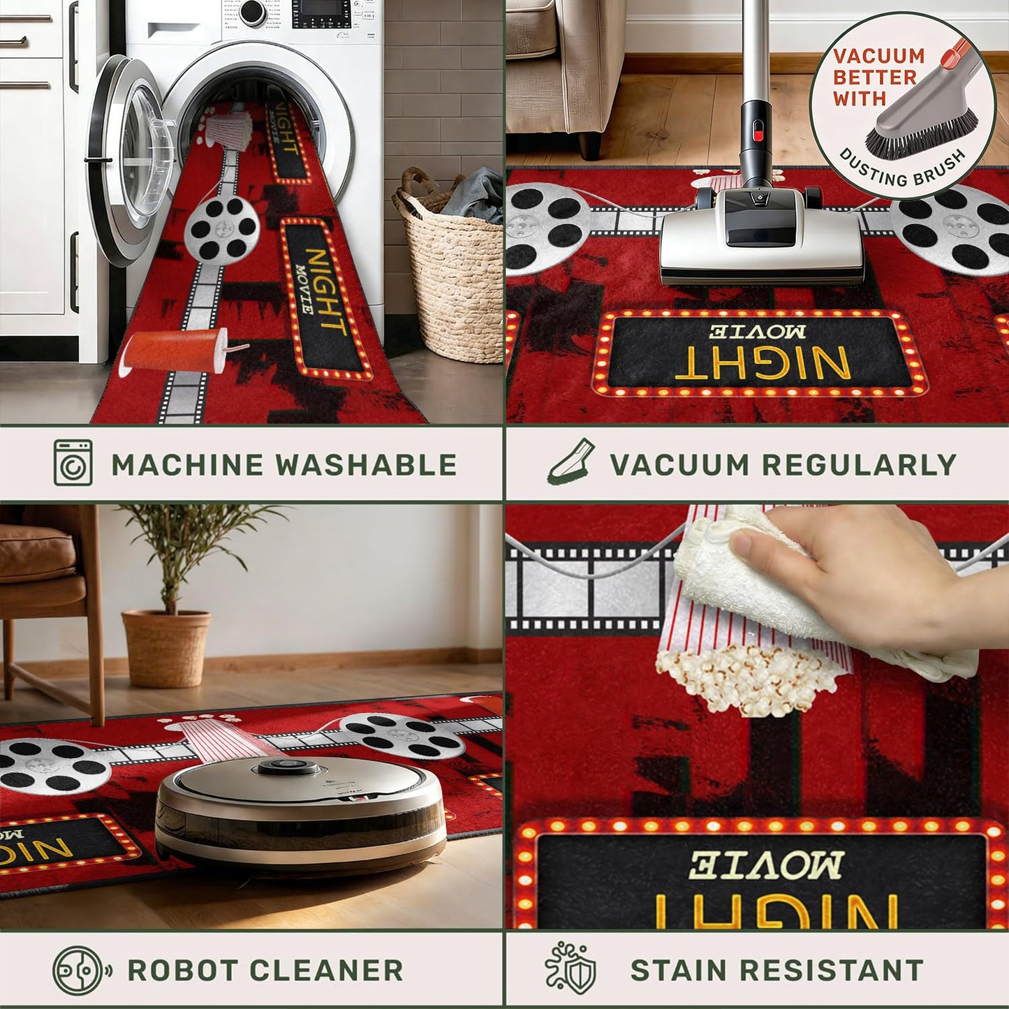 Puyosvr Film Area Rugs,2x7ft,Home Theater Movie Night Floor Mat Non-Slip Rug,Cinema Popcorn Design,Cinema Sign Carpet, Suitable for Living Room, Kitchen Hallway,Party