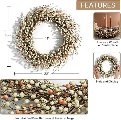 LampLust Grapevine Wreath for Front Door, 22 Inch, Cream Pip Berries, Farmhouse Wreath, Indoor Outdoor Year-Round Decor, Rustic Farmhouse Decor, Fall Wreaths for Front Door, Thanksgiving Décor