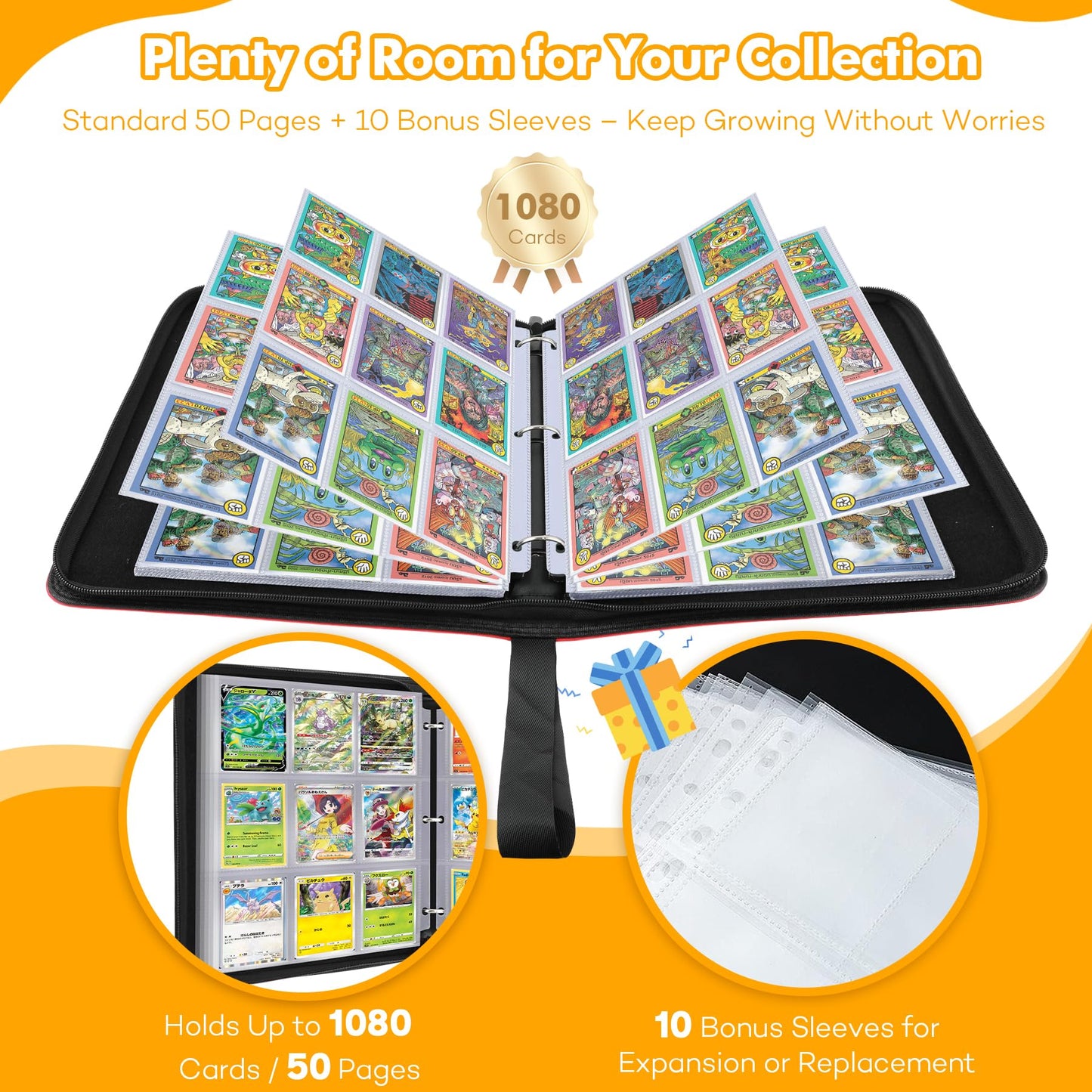 1080-Card Binder – 9-Pocket Trading Card Album with 60 Removable Double-Sided Pages, Water-Resistant PU Leather Zipper Case with Wrist Strap, Fits MTG & Sports Cards