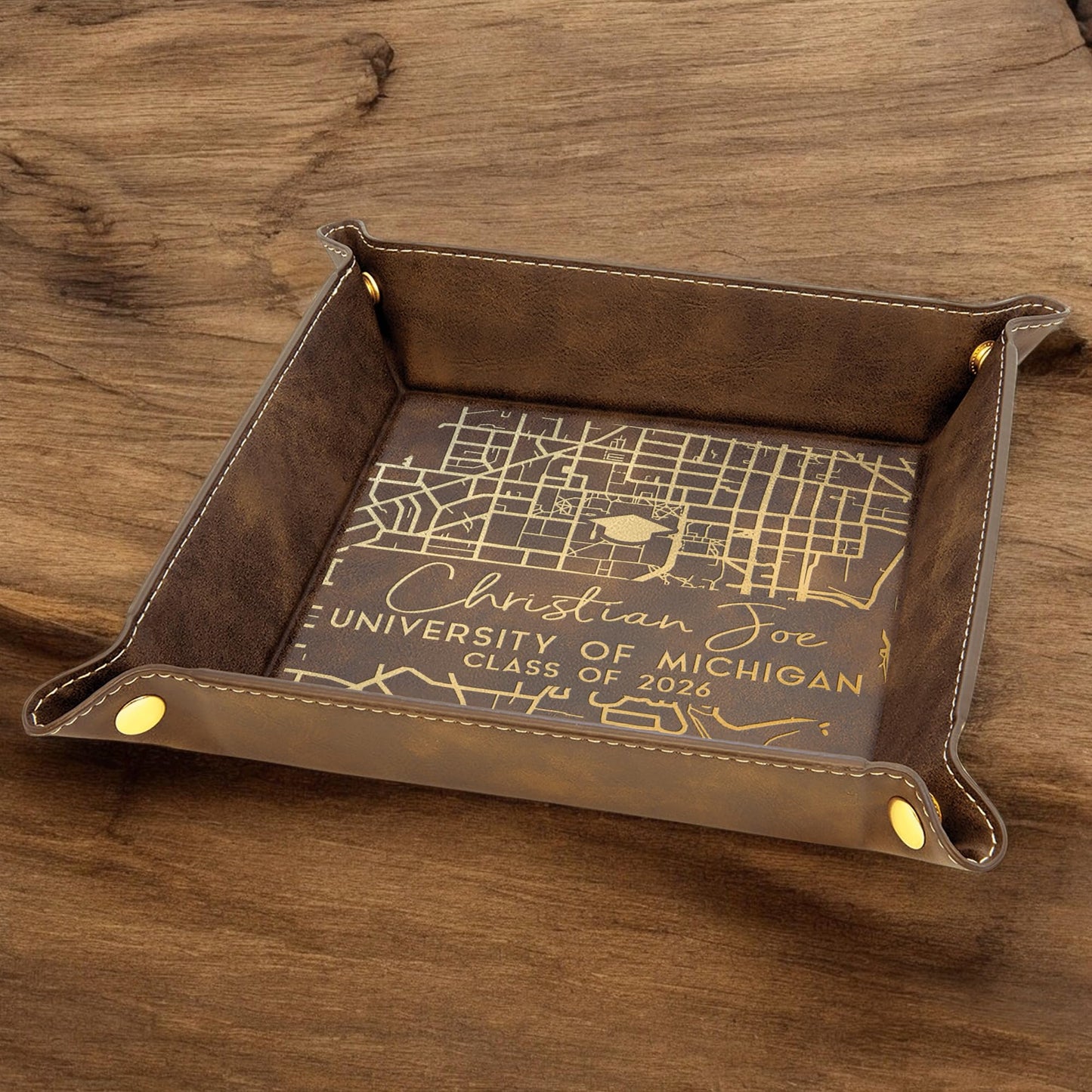LUCY ENGRAVING Custom Campus Map Graduation Leather Tray, College Grad Leather Nightstand Organizer - Class of 2026, College Graduation Gifts for Graduates, Personalized Valet Tray for Men