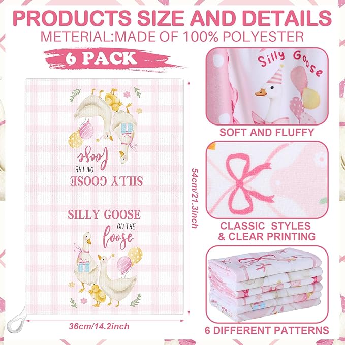 Breling Set of 6 Silly Goose Kitchen Towels Funny Goose Dish Towel Decor Pink