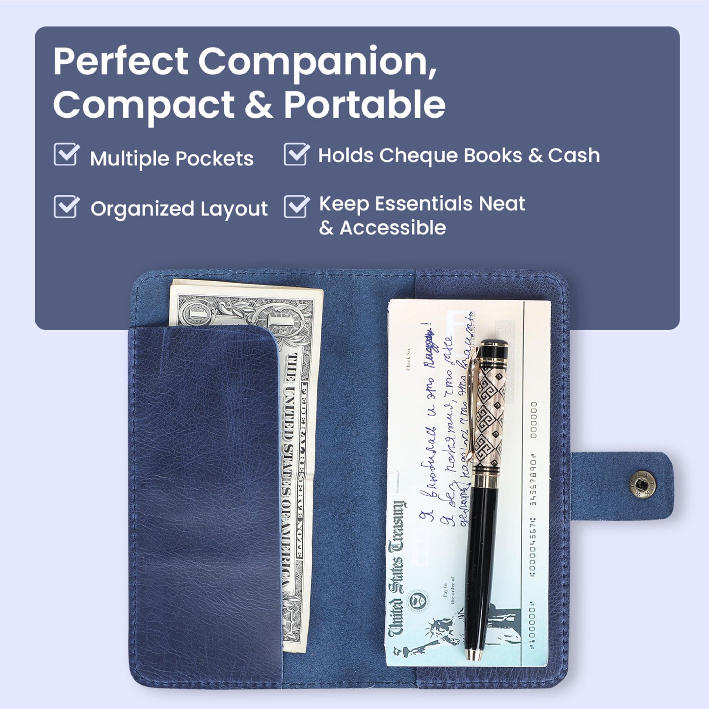 TheAntiq Leather Checkbook Cover with Pen Loop, Full Grain Check Book Holder Wallet for Personal & Duplicate Checks, Slim Money Organizer for Men & Women- Blue