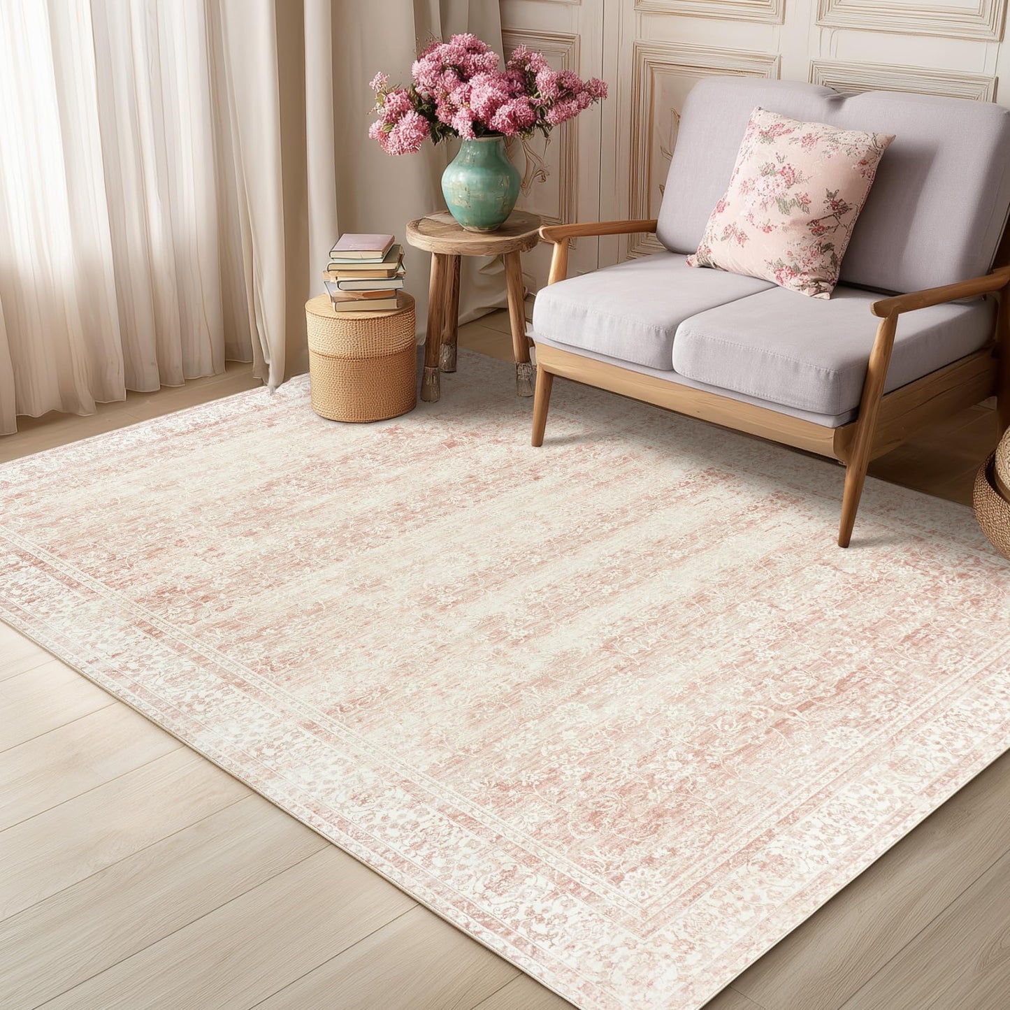 BILEEHOME Light Pink Nursery Rug for Baby Girl Neutral Blush Pink Boho Floral Pattern Carpet 5 x 8 Washable Non Slip Low Pile Soft Surface Area Rugs for Living Room Bedroom Playroom,5x8