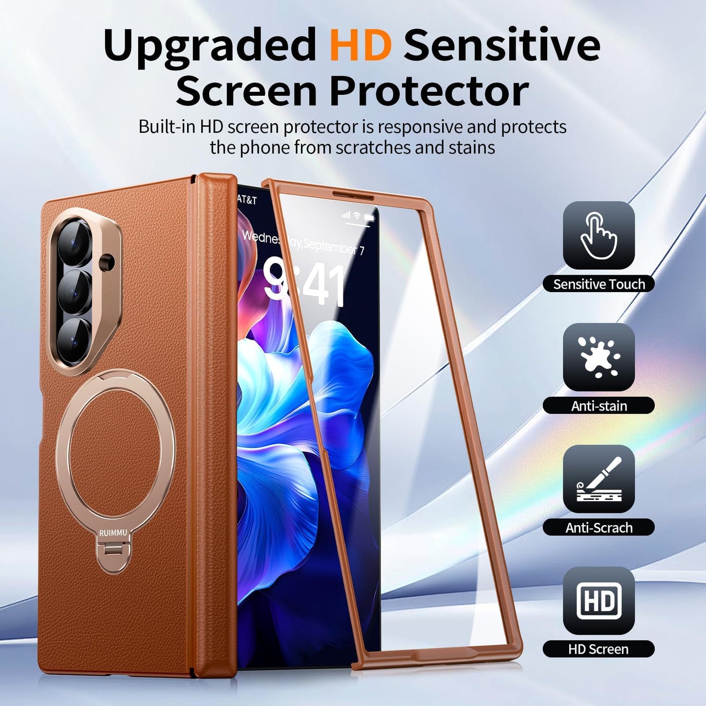 RUIMMU for Samsung Galaxy Z Fold 7 Case - Luxury Leather Texture Zfold 7 Case with Screen Protector, Kickstand and 360° Ring Holder Brown