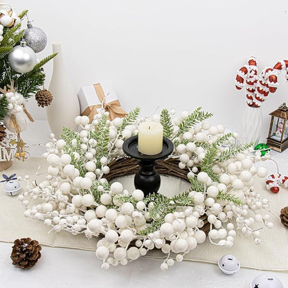 20 Inches White Christmas Wreath Farmhouse Christmas Wreaths for Front Door Rustic Winter Wreath with White Berry Fir Pine Needle for Doors Window Indoors Porches Outside