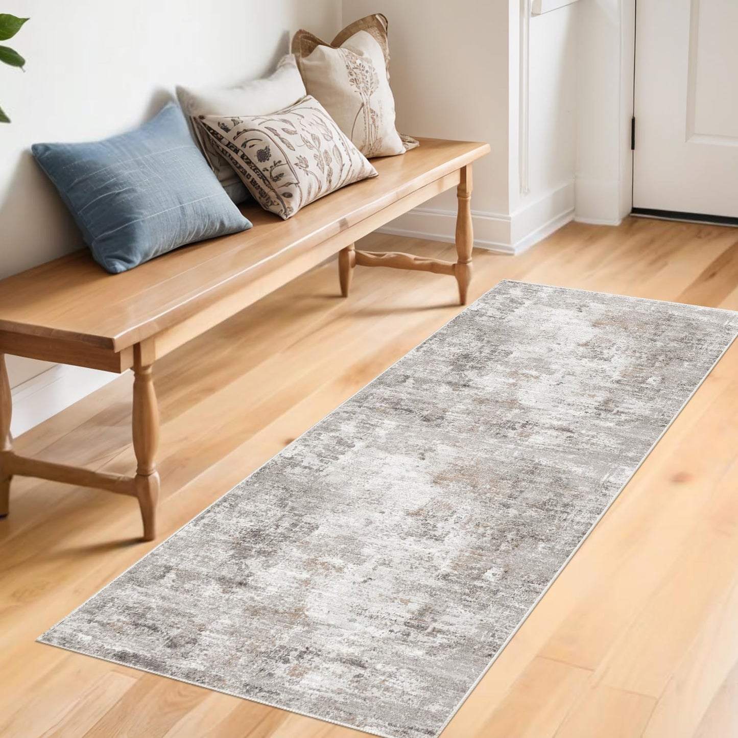 2x5 Rug Runner Non-Slip Washable – Modern Neutral Abstract Small Rug for Hallway, Kitchen, Bathroom, Bedroom, Entryway, Laundry Room – Thin Soft Low-Pile Rubber Backing (Beige/Grey)