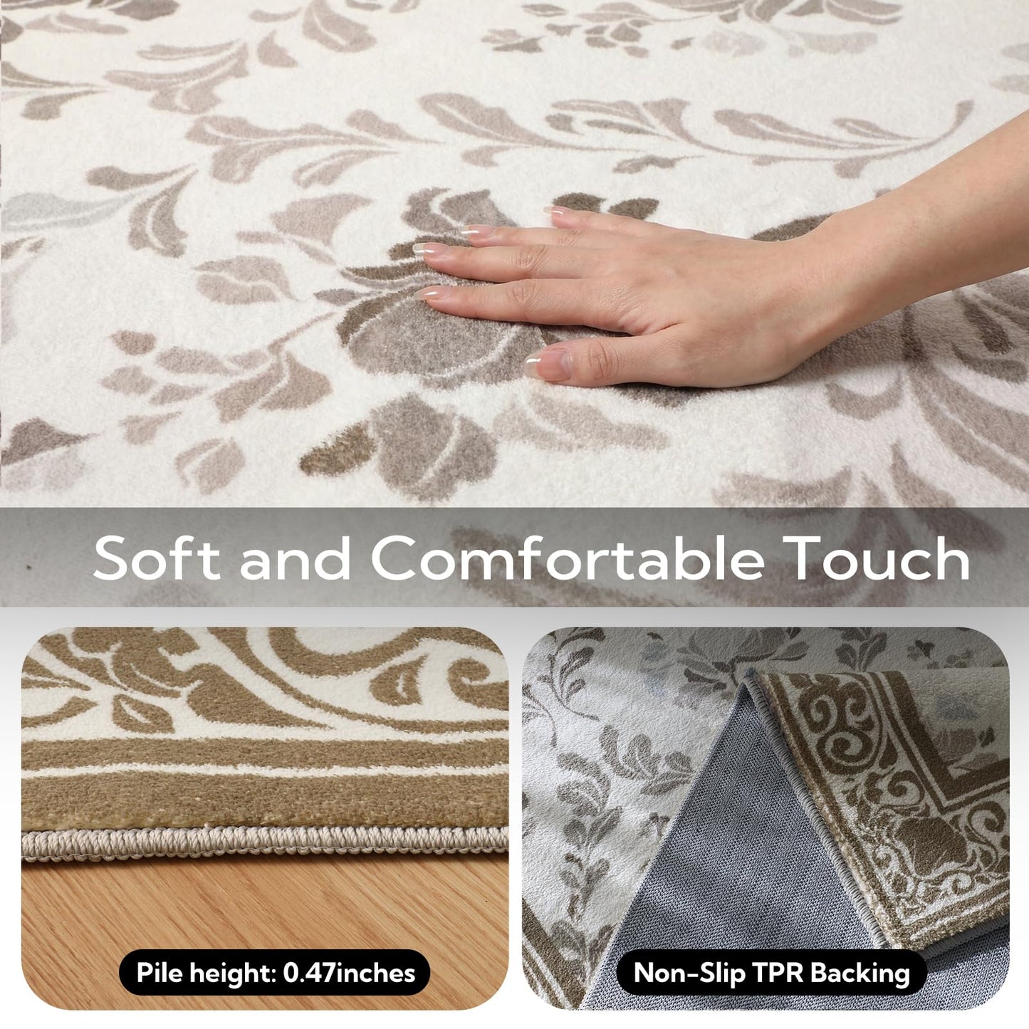 SOULFUL Medium Pile 8x10 Rugs for Living Room - Soft Underfoot Large Area Rug - Brown Boho Floral - Washable Non-Slip - Perfect for Bedroom Kids Room Under Dining Table Office