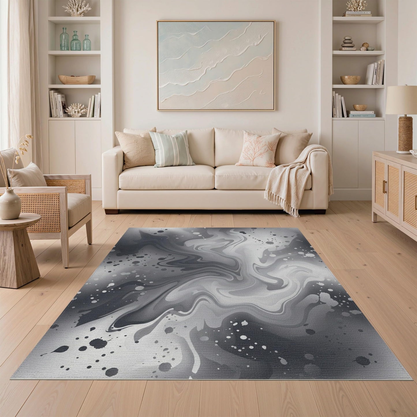 ODIKA 5'x7' Adult Asymmetrical Cave Flowing Wave Plush Abstract Grey Sound Washable Area Rug Non-Slip Chair-Friendly for Dining Room, Under Table, Home Office