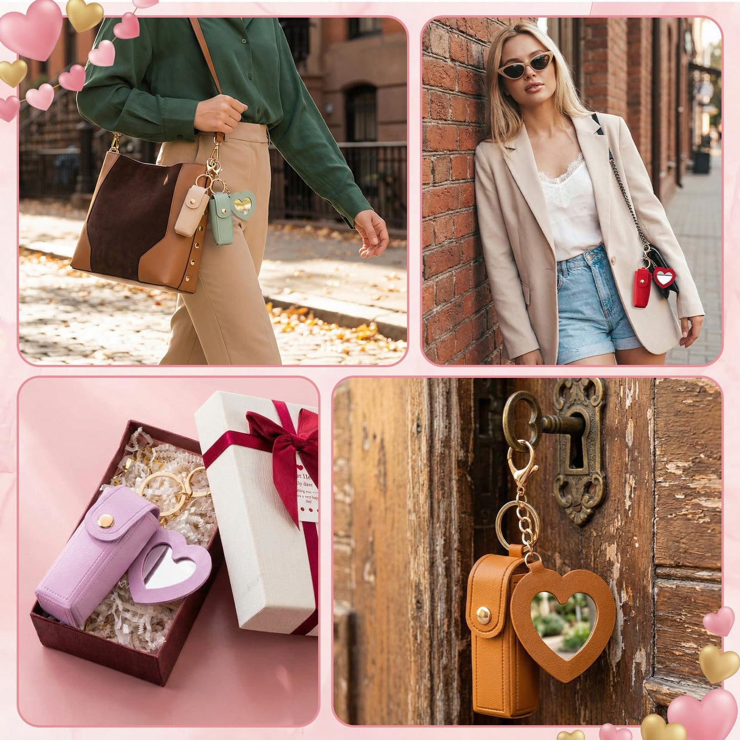 Syhood 10 Pcs Lipstick Holder Keychain Gift PU Portable Holder Gift with Heart Mirror Waterproof Makeup Lipstick Bag Key Pockets Zipper Pouch Card for Mothers Day Pouch(Novel)