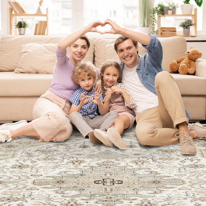 HILORUUG Washable Area Rug 9x12 - Bedroom Living Room Large Indoor Oriental Rugs - 0.13inch Low Pile Stain Resistant Rugs with Rubber Backing for at Least 108 sq ft Spaces (9x12 Ivory/Multi)