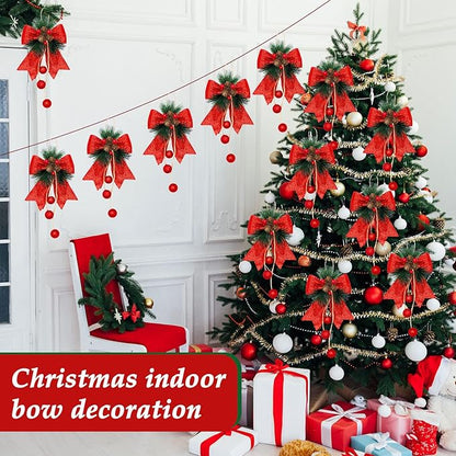 Xinnun 4 Pieces Christmas Buffalo Plaid Bows with Pine Cones Pine Needles Xmas Plaid Bow Ornament Christmas Tree Wreath Decoration for Holiday Parties DIY Crafts Home Decor (Red)