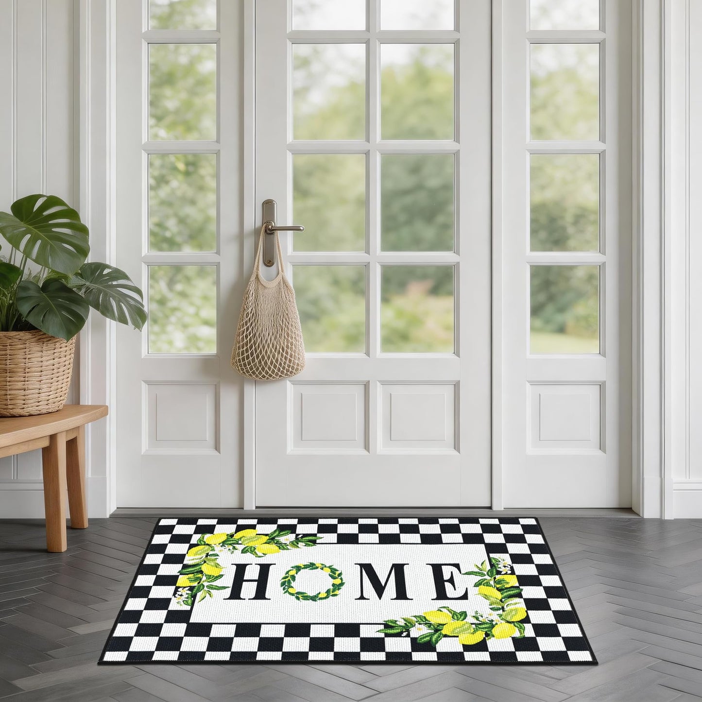 PCSWEET HOME Black and White Checkered Kitchen Rugs Washable Non Slip Lemon Kitchen Rugs Set of 3 Checkered Door Mat Indoor