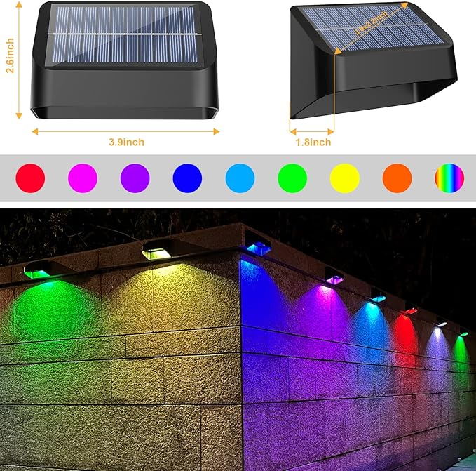 Brighter Solar Fence Lights 18 Pack, RGB 8 Colors, Dusk to Dawn Deck Light, Fence Lights Outdoor IP65 Waterproof, Solar Outdoor Lighting for Backyard/Railing/Wall/Step/Patio(Black)