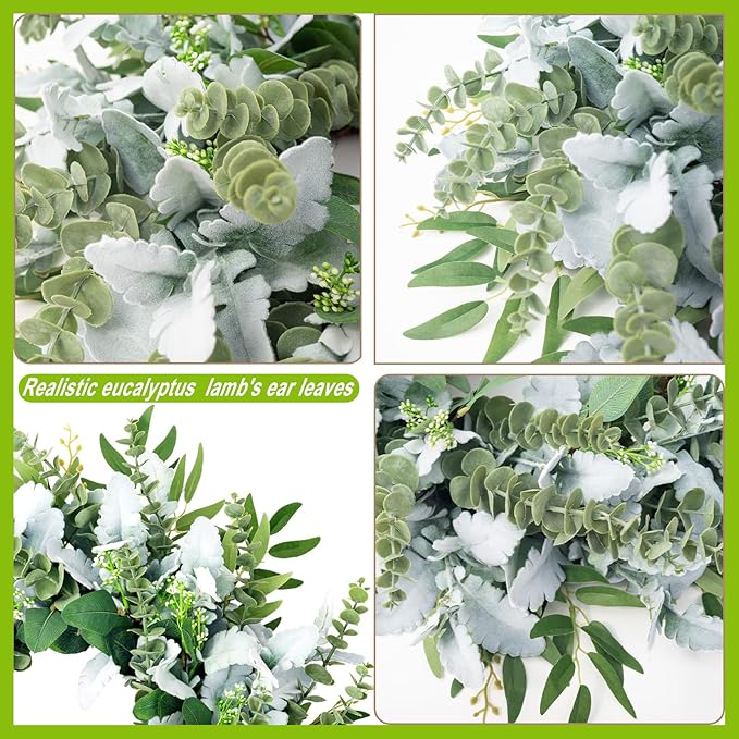26 Inch Eucalyptus Front Door Wreath for All Season, Large Greenery Lambs Ear Wreath Use for Home Decor Porch Outdoor Indoor Hanging, Modern Farmhouse Style