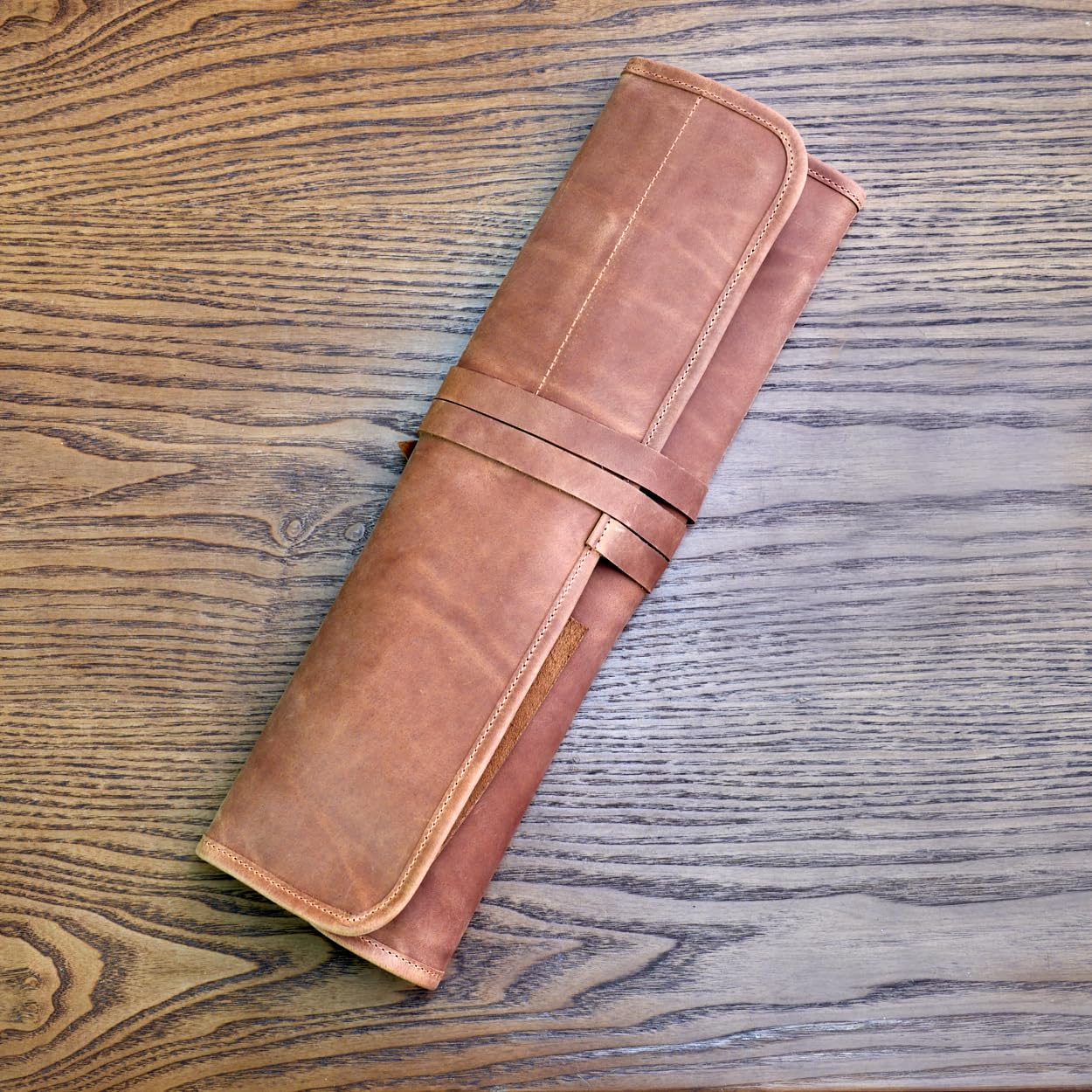 OMBUO Professional's Leather Knife Roll Bag, Leather Knife Roll For Chef, Caramel Brown