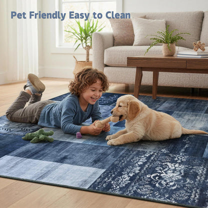 DweIke Washable Area Rugs 6x9 for Living Room, Large Modern Geometric Navy Blue Soft Patchwork Carpet, Non-Slip Stain Resistant Throw Rug for Bedroom Dining Room Office Home Decor