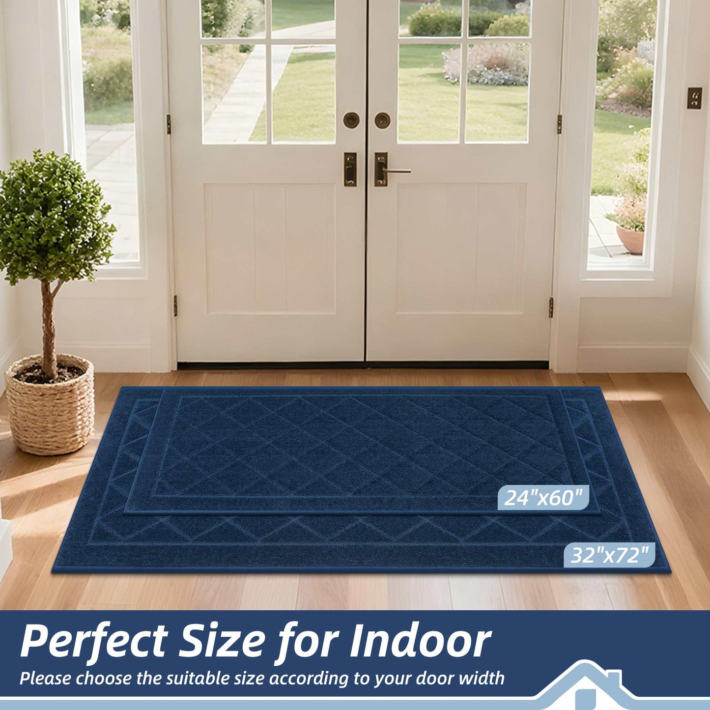 BEQHAUSE Dirt Trapper Door Mat 24" x 60", Doormat Non-Slip Entryway Rugs Washable, Dog Door Mat Stain Resistant and Absorbent Welcome Floor Mat for Front Back Door, Mud Wet Shoes & Paws, Navy Blue