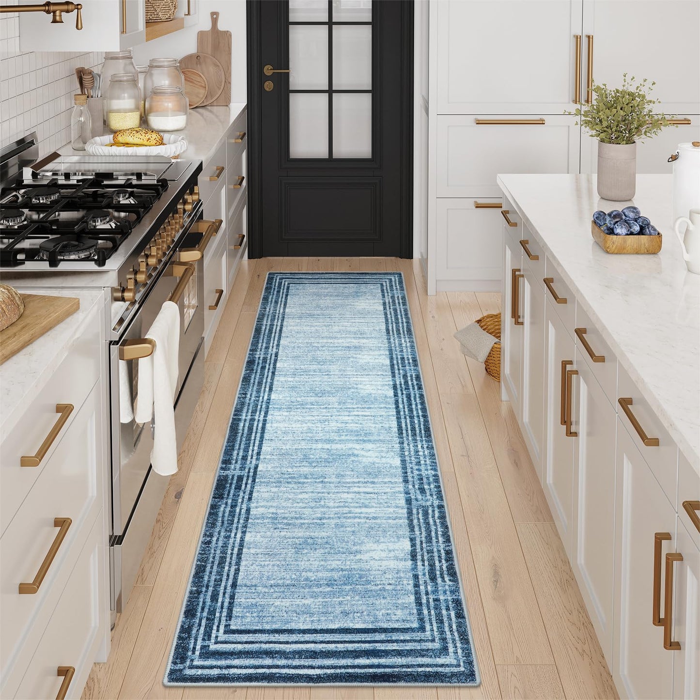 Lahome Amabel Abstract Runner Rug,2.5x8 Hallway Runner Rug Non-Slip Washable Blue Kitchen Runner Rugs, Soft Bedroom Runner Minimalist Solid Indoor Carpet Runners for Entryway Bathroom Laundry Room