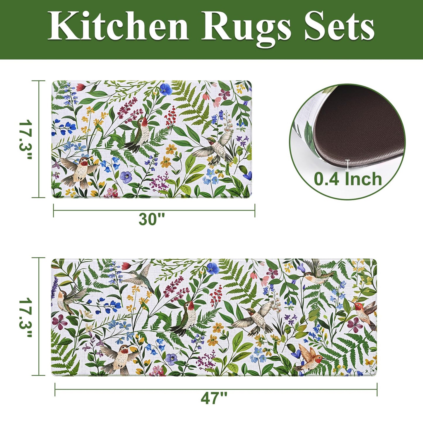 Yinhua White Kitchen Mats for Floor Sets of 2, Floral Anti Fatigue Mats for Kitchen Floor Rug Cushioned, Farmhouse Kitchen Rugs Non Slip, Bird Waterproof Mat for Laundry Office, 17.3"×30"+17.3"×47"