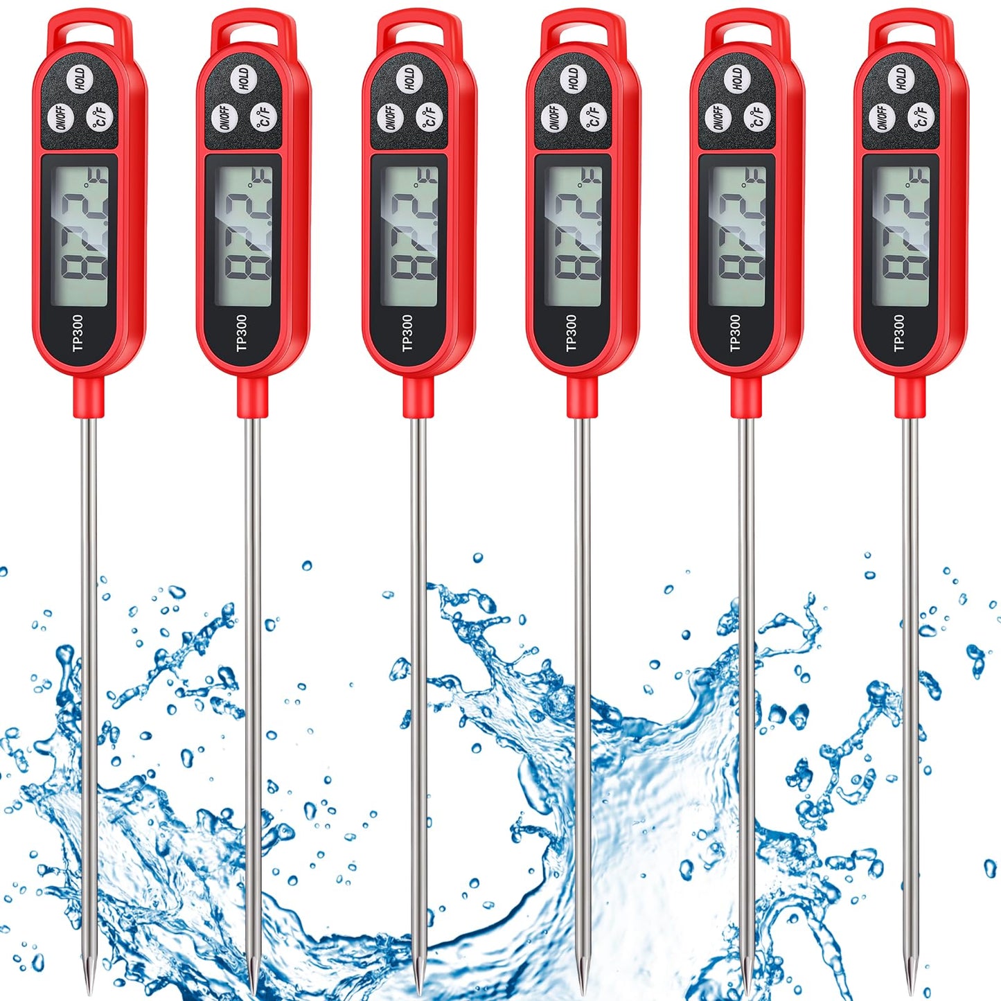 6 Pcs Instant Read Meat Thermometer with Long Probe 9.65 Inch Kitchen Cooking Food Candy Waterproof Digital Thermometer for BBQ Water Milk Yogurt Liquid (Round&Square Ring,Black,White,Red)