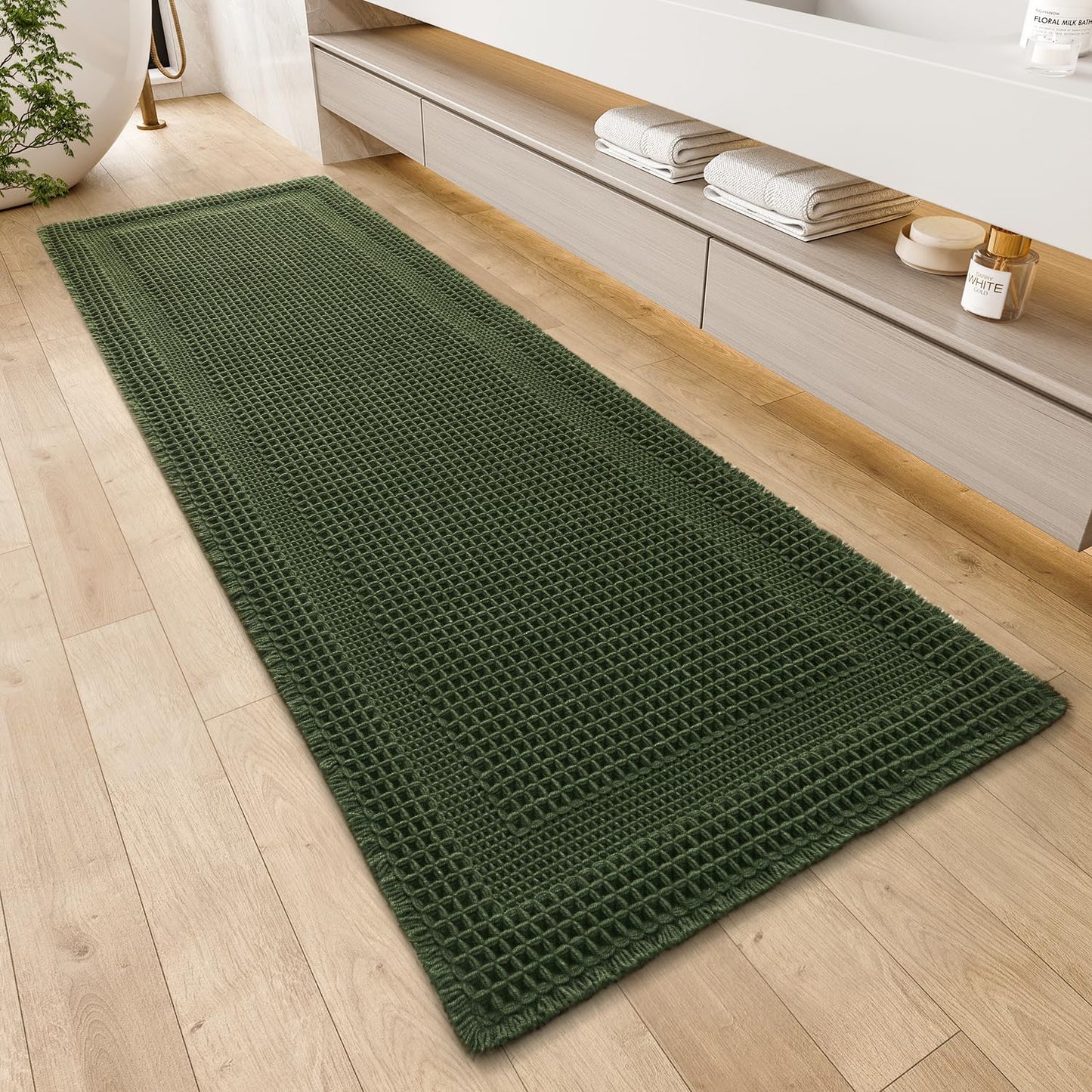 AMOAMI Waffle Bath-Mat, Absorbent Bath Mats for Bathroom Non Slip, Machine Washable Bathroom Rugs with Tassels Ultra Soft Boho Bath Rugs for Floor 2'x6'(24"x72") Dark Green