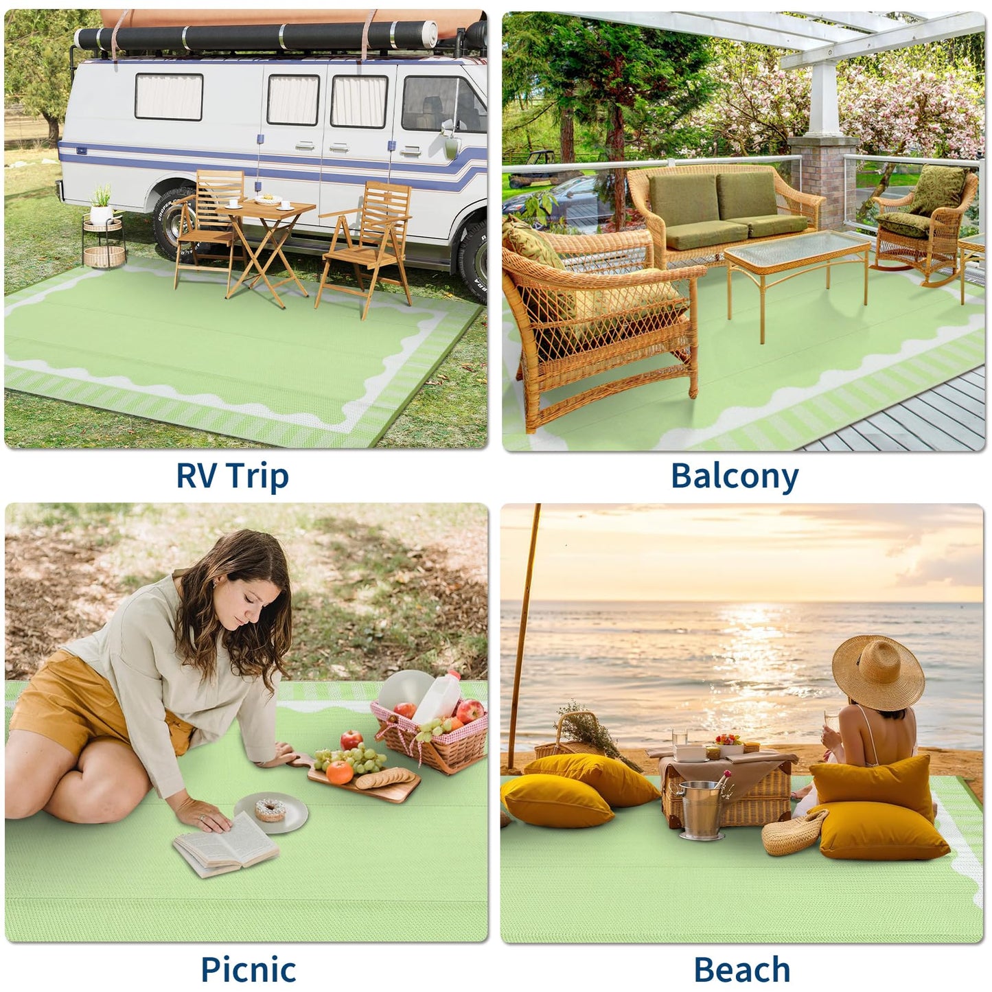 MilleLoom Outdoor Rug 9x12 Modern Scalloped Border Area Rugs for Indoor and Outdoor Patios and Porches - Waterproof, Washable, Non-Shedding, Easy-to-Clean Outside Carpet，Green/White