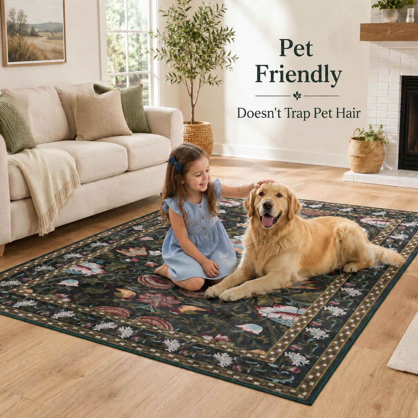 Helthep 5 * 7 Vintage Floral Bird Washable Green Area Rug for Living Room