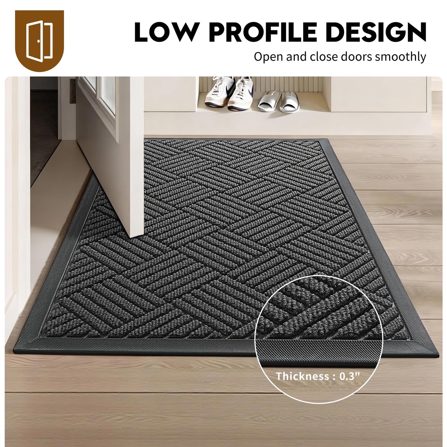 WELDUN Front Door Mat, Heavy Duty Waterproof Rubber Doormat for Indoor Outdoor, Non-Slip Low Profile Dirt Trapper Absorbent Mat for Entryway, Stain Fade Resistant Easy Clean 29.5"x17", Grey