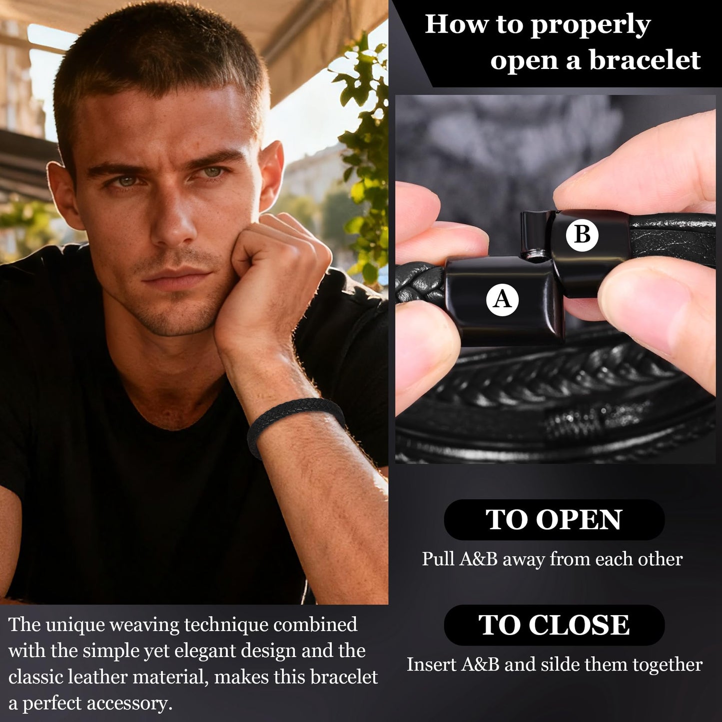 REVOLIA 3Pcs Black Leather Bracelets for Men Women Braided Leather Wristband Cuff Bracelets Multi-Layer Braided Leather Bracelets Set Black 7.5 Inch