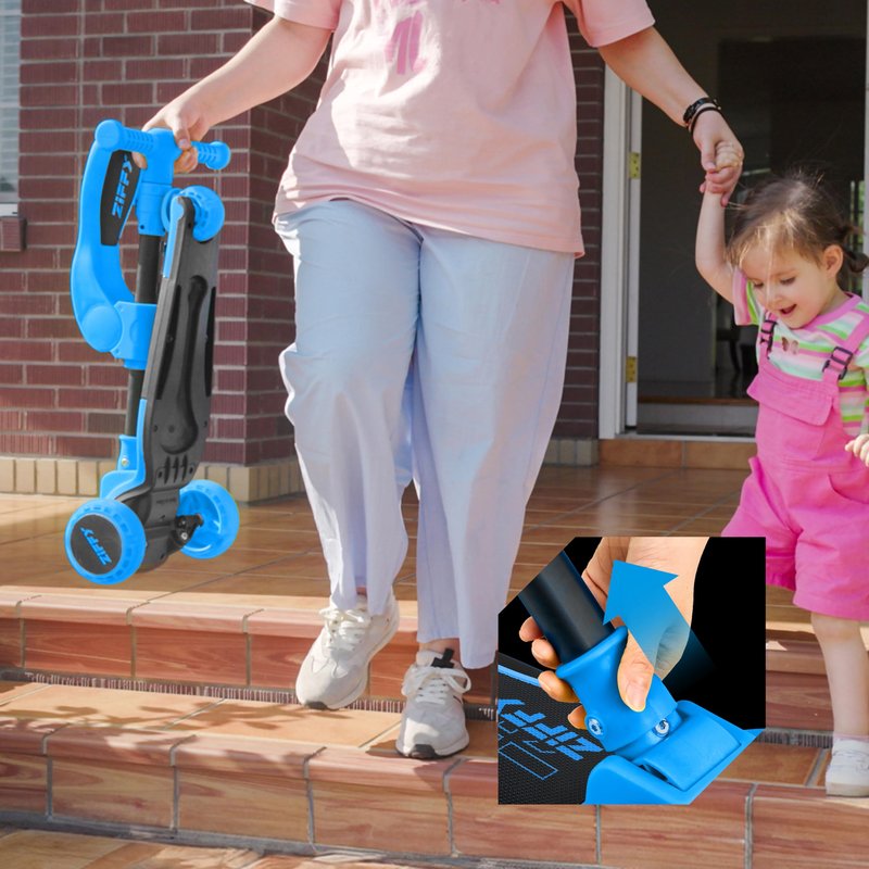 JOVA ZIFFY 2-in-1 Toddler Scooter with Seat, 3 Wheel Scooter with LED Lights, Anti-Slip Surface, Adjustable Height Handlebars and Foldable Seat, Toys for Kids Ages 3-12, Blue (Up to 110 Lbs)