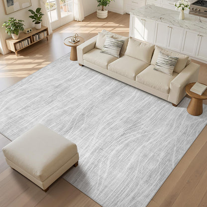 WITSHOCK Washable Rugs 8x10 Modern Area Rugs, Thin Rug for Living Bedroom Dining Room Nursery Kitchen Office, Wave Striped Rugs Indoor Carpet Soft Non Slip Stain Resistant Home Decor, Light Grey