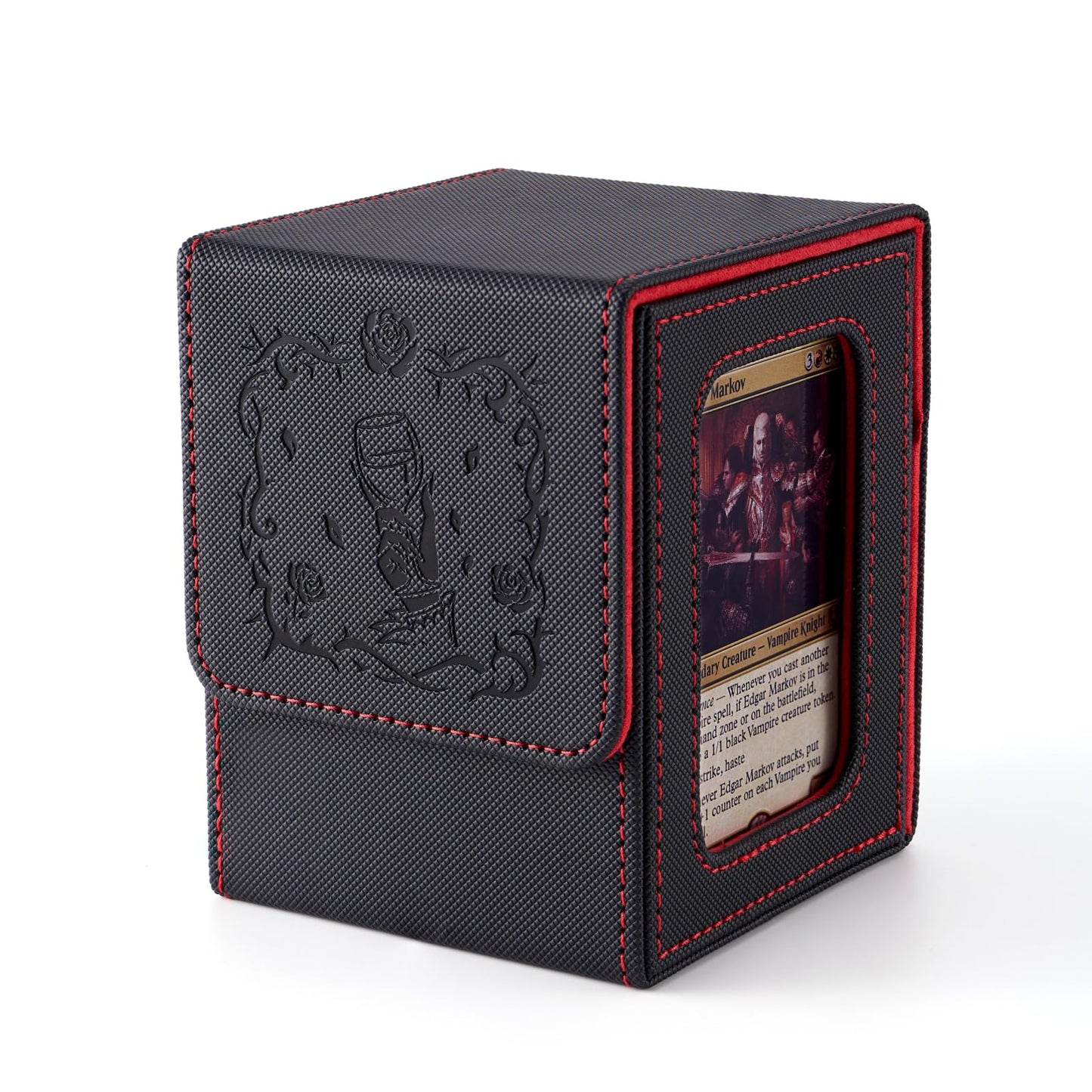 Venssu MTG Deck Box with Commander Display, Vampire Card Deck Case Fits 100 Double Sleeved Cards, TCG Card Storage Box with 2 Dividers and 1 Toploader (Black and Red)